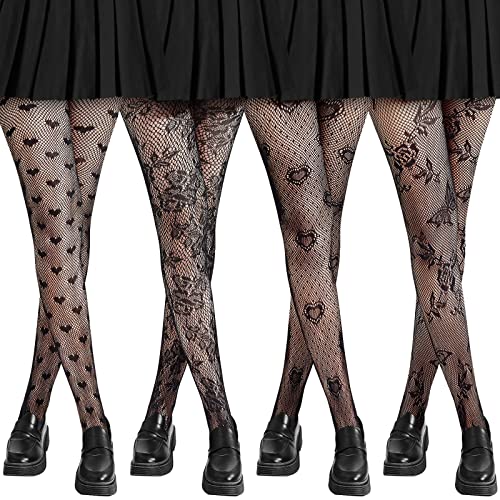 Vabean 4 Pcs Women's Patterned Tights Y2K White and Black Lace Tights for Women(Small Heart, Big Heart, Rose, Butterfly)