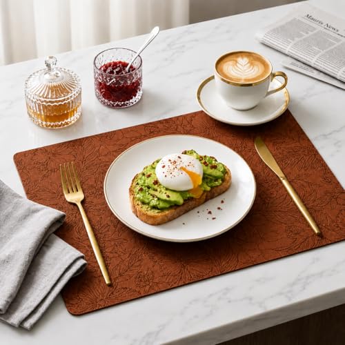 Image of Yelona Premium Faux Leather Placemat Set of 6 | Printed Floral Design, Waterproof & Heat Resistant Table Mat | Non-Slip, Washable for Dining, Kitchen & Home Decor (Brown, 43 x 30 cm)