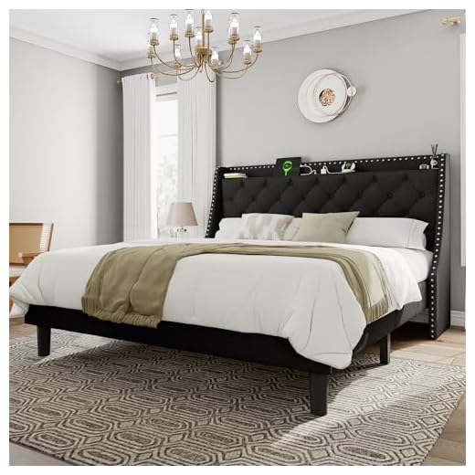 Feonase King Size Bed Frame with Luxury Wingback and Fast Charging Station,Upholstered King Button Tufted Storage Headboard Platform Beds, Wooden Slats Support, Noise-Free, Easy Assembly,Matte Black