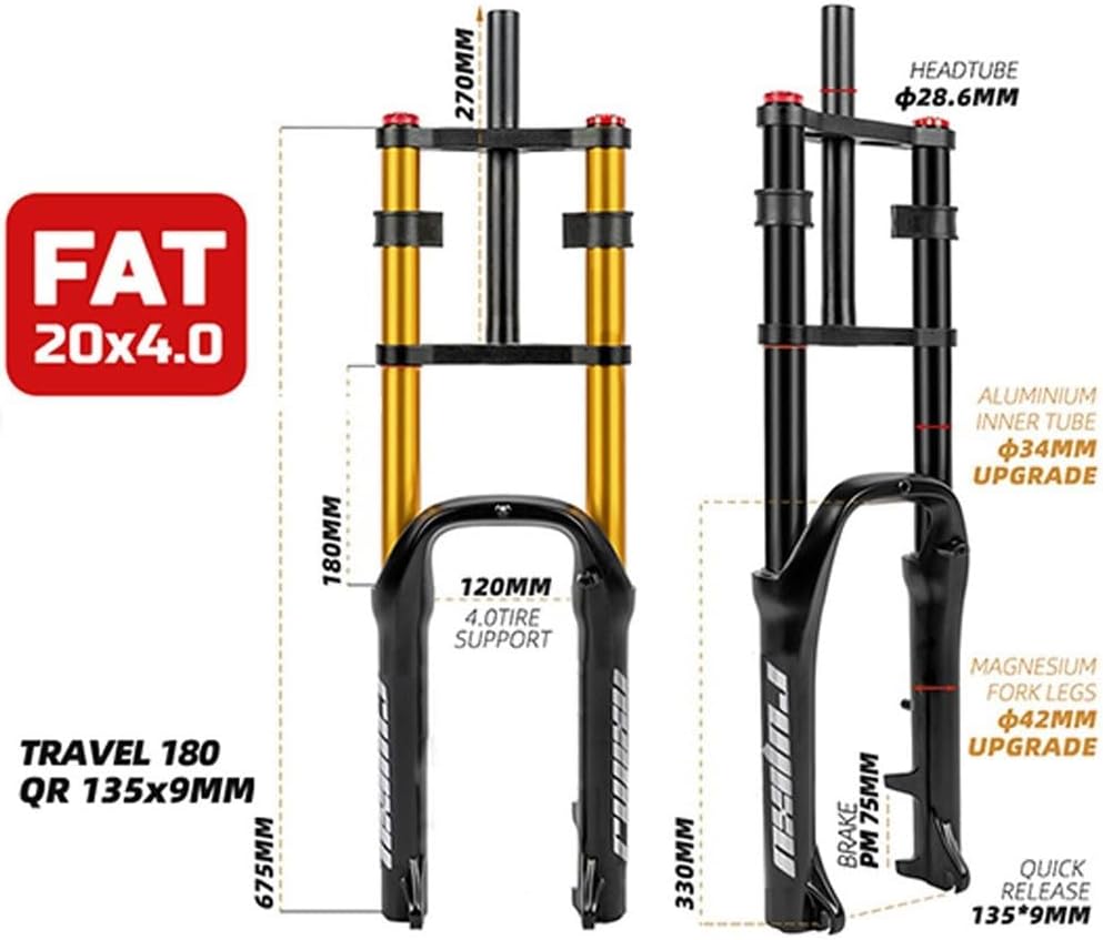 Fat Bike Fork 20*4.0'' Tire Electric Snow Bike Air Suspension Fork 110mm Travel Rebound Adjustable Double Shoulder Bicycle Front Fork 1-1/8" Straight Disc Brake QR Axle 9*135mm ( Color : 20'' Black )