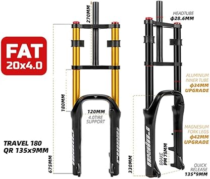 Fat Bike Fork 20*4.0'' Tire Electric Snow Bike Air Suspension Fork 110mm Travel Rebound Adjustable Double Shoulder Bicycle Front Fork 1-1/8 Straight Disc Brake QR Axle 9*135mm ( Color : 20'' Gold )