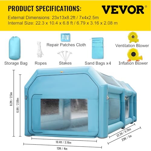VEVOR Tragbare Aufblasbare Lackierkabine, 7 x 4 x 2,5 m Aufblasbare Spritzkabine, Autolackierzelt mit Luftfiltersystem und 2 Gebläsen, Verbessertes Spritzkabinenzelt, Autolackierarbeitsplatz