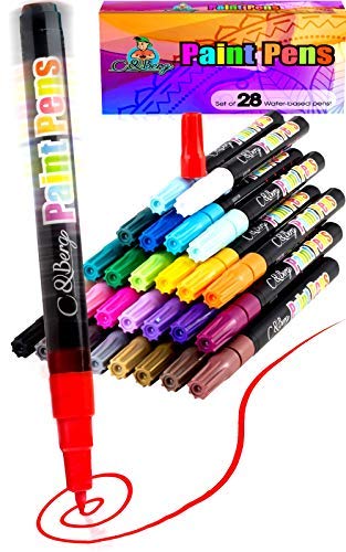28 Paint Pens - Paint Marker Pens, Water Based Colors for Kids Adults, Sun and Water Resistant Fine Point, Paint on Rock, Wood, Glass, Ceramic, Metal, Clothes, Skin, Almost All Surfaces