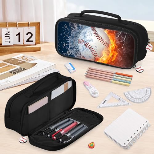 Image of Baseball Pencil Case for Boys - Large Pencil Pouch for Boys with Zipper Compartments & Handle - Big Capacity Pen Organizer Box Bag for Kids Teens School Supplies