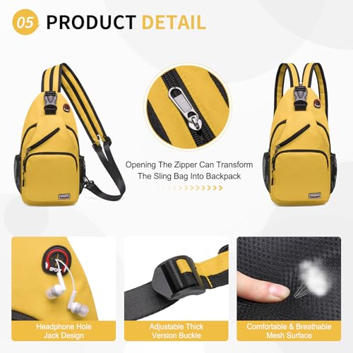 Image of Convertible Sling Bags for Women Men, Lightweight Crossbody Backpack Daypack Fit for 11 inch Tablet for Casual Travel Sport Hiking (Yellow)