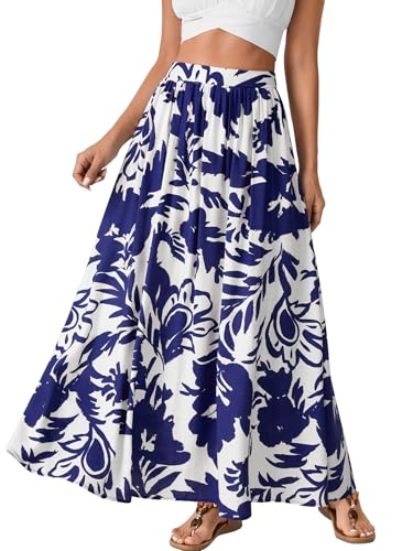 Vrtige Women's Casual Floral Print Elastic High Waist Flare Beach A Line Long Maxi Skirt3