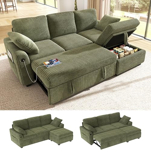 iHanHerry US-Kaku Ihanherry 81-inch Corduroy Modular Sectional Sofa Bed with Storage Ottoman & USB Port, Reversible 3-Seater L-Shaped Sleeper Sofa, Left or Right Fasing Chaise for Living Room（Green）