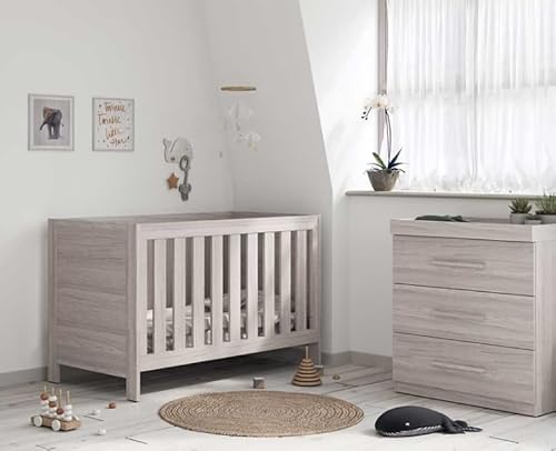 Little Acorns Amalfi 2 Piece Nursery Furniture Set. Convertible Cot Bed and 3 Drawer Dresser with Removable Baby Changing Station Grey Ash
