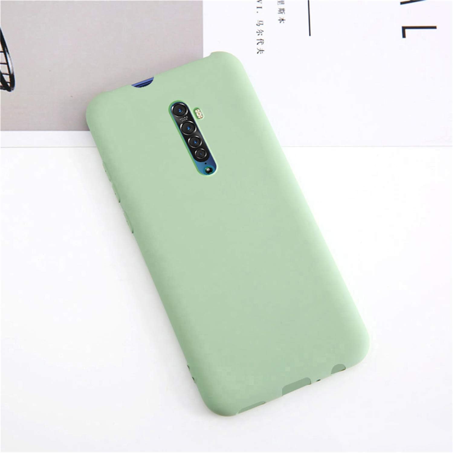 XunEda Case for Oppo Reno 2, Ultra Thin Liquid Silicone Shockproof Protective Soft Back Case Skin + Screen Protector for Oppo Reno 2 Smartphone(Matcha Green)
