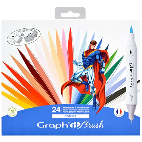 GRAPH’IT Marqueurs Couleurs - Set de 24 Marqueurs à Alcool Double Pointe - Illustration, Manga, Comics - Pointe Extra-Fine et Pinceau - Couleurs Éclatantes et Rechargeables - Brush Marker