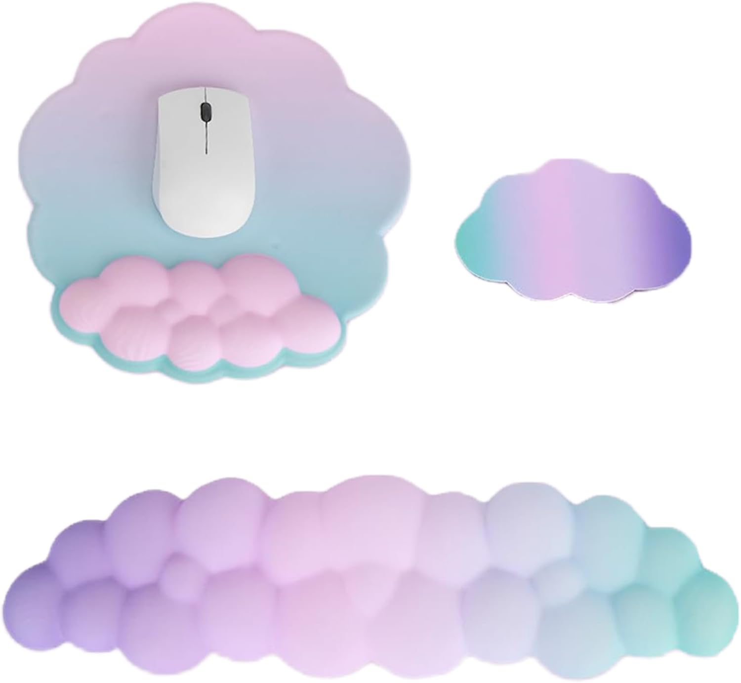 OUEST Cloud Wrist Rest Keyboard and Mouse Pad with Cute Ergonomic Memory Foam Non-Slip PU Base for Computer Mac Laptop Office Gaming-Cyan/Purple/Pink