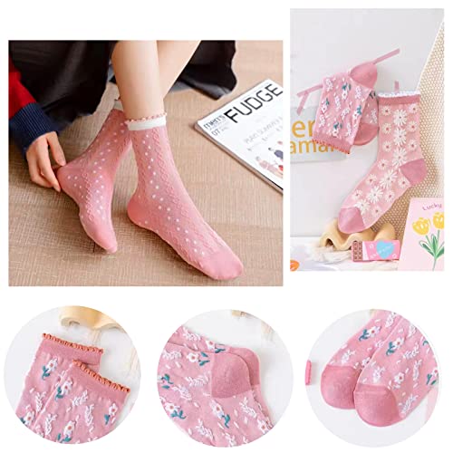 Image of DXYAKY 5 Pairs Womens Floral Cotton Socks Vintage Patterned Crew Socks Novelty Ankle Ruffled Warm Casual Dress Socks