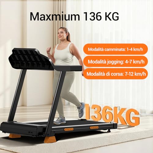 Umay Tapis Roulant Con Inclinazione 15%, Tapis Roulant Elettrico Salvaspazio 14KM/H, Tapirulan Pieghevole Con Cardiofrequenzimetro, 3.0HP Motor E 12 Programmi Di Allenamento, Carico Massimo 136KG - 4
