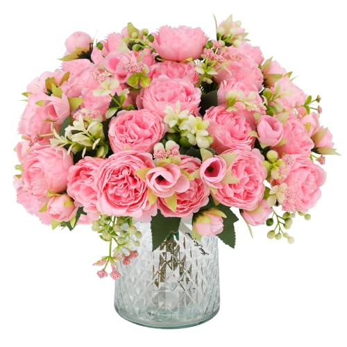 JUSTOYOU Lot de 4 bouquets de pivoines artificielles avec 20 têtes de pivoines artificielles en soie pour mariage, maison, table, fête, décoration de...