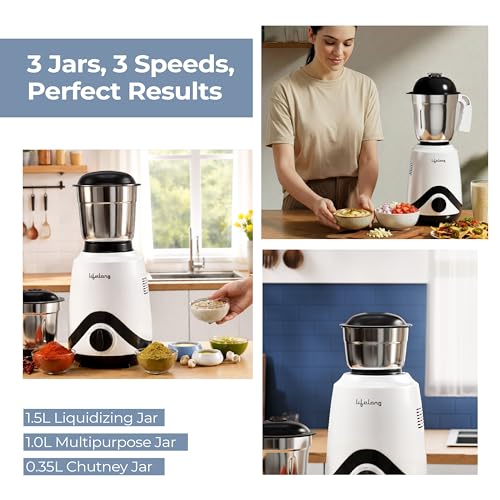 Image of Lifelong Power Pro VX 500W Mixer Grinder | 3 Versatile Stainless Steel Jars (1.5L, 0.85L, 0.4L) | SS Blades, 3 Speed Settings with Pulse | Mixie Blender for Smoothies, Fruit Juice & Purees (Black)