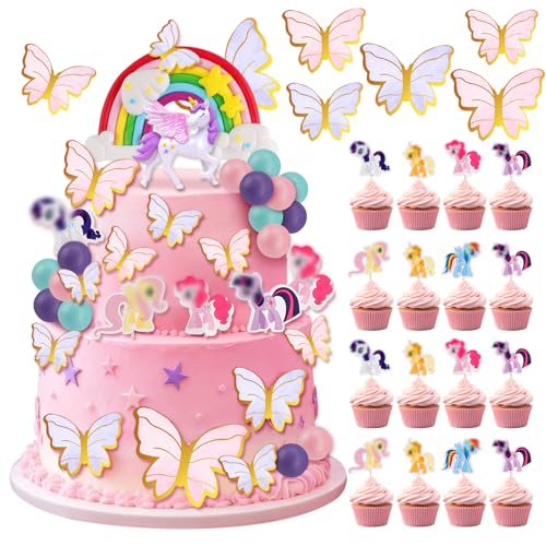 DXLing 61 Piezas Set de Decoración para Tartas de Unicornio con Unicornio, Arcoíris, Globos, Mini Ponis, Mariposas DIY para Decoración Cumpleaños de Niña