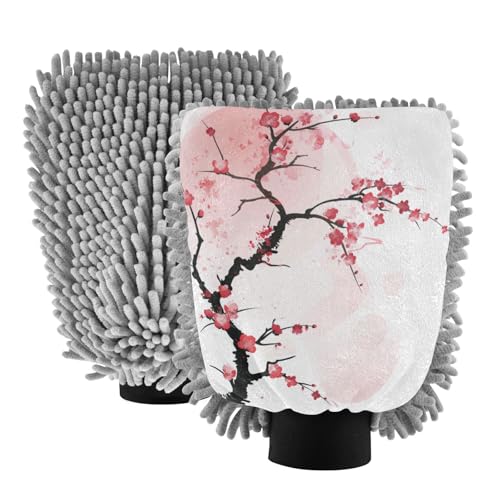 ALAZA Red Cherry Blossom Flower Floral 1 Car Wash Mitt Scratch Free, 2 Pack Absorbent Microfiber/Chenille Washing & Drying Mitts, L