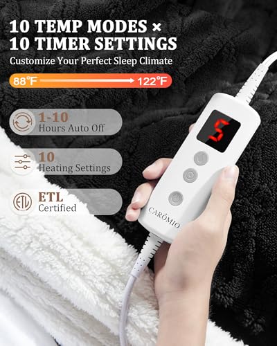CAROMIO Heated Throw Blanket - Thick Tufted Sherpa Electric Blanket Throw with 10 Heating Levels and 10 Time Settings, ETL Certified Machine Washable Fast Heating Blanket Throw 50"×60", Black