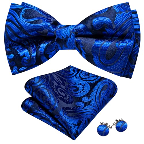 Image of Barry.Wang Paisley Striped Bow Tie for Men Silk Pre-Tied Bowtie Pocket Square Cufflinks Set Formal Wedding Party Prom