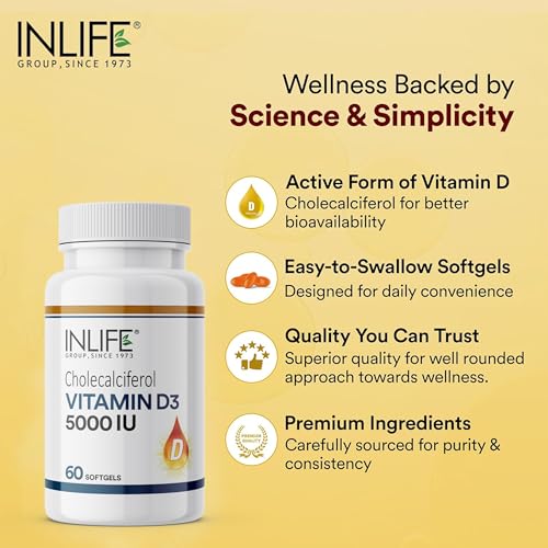 Image of INLIFE Vitamin D3 5000 IU Cholecalciferol with Coconut Oil Supplement for Better Absorption, For Men & Women, Immunity, Bone Health, Muscles - 60 Softgels