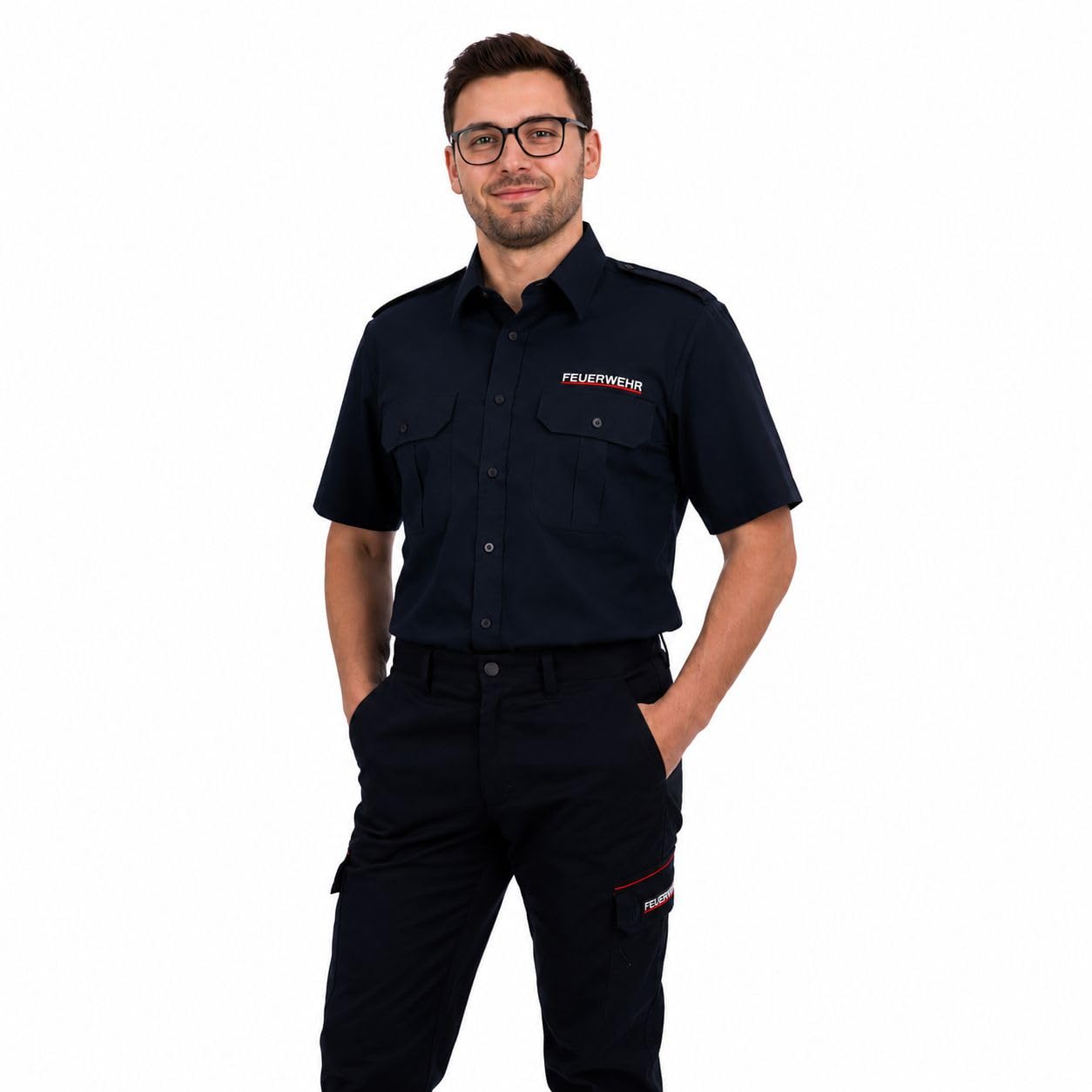 Diensthemd Kurzarm mit Schulterklappen Navy Einstickung Feuerwehr