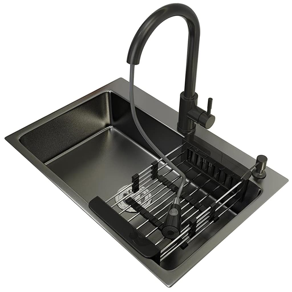 Évier de bar de cuisine à cuve simple nano noir avec robinet inox