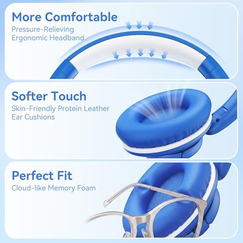 Wired Headphones with Microphone, Over Ear Lightweight Foldable 3.5mm Plug in Corded Headphones Wired with Volume Control, 4.9ft Tangle-Free Cord for Tablet Laptop MP3/4 School Travel Blue White - 5