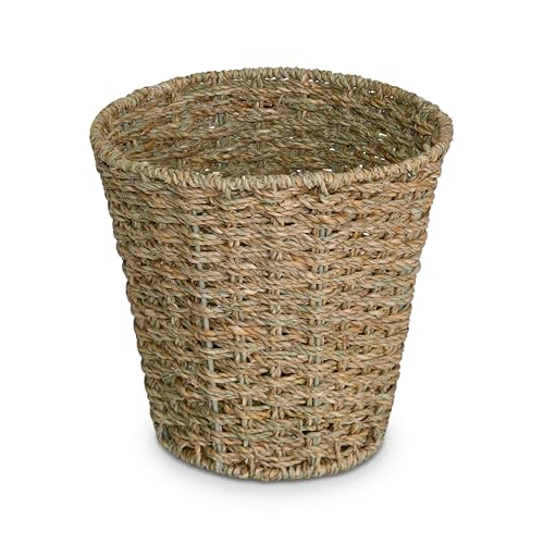 Wickerfield Round Wicker Waste Paper Bin Small Waste Bin for Bedroom Woven Waste Paper Basket Bins for Office Wicker Bedroom Bin Versatile Wastebasket for Rubbish Trash (Seagrass)