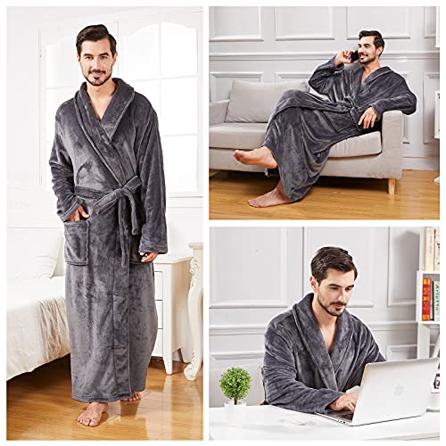 Image of FashGudim Mens Robes Big and Tall Full Length Plush Fleece Long Robe for Men Bathrobe Shawl Collar Warm Winter House Robes