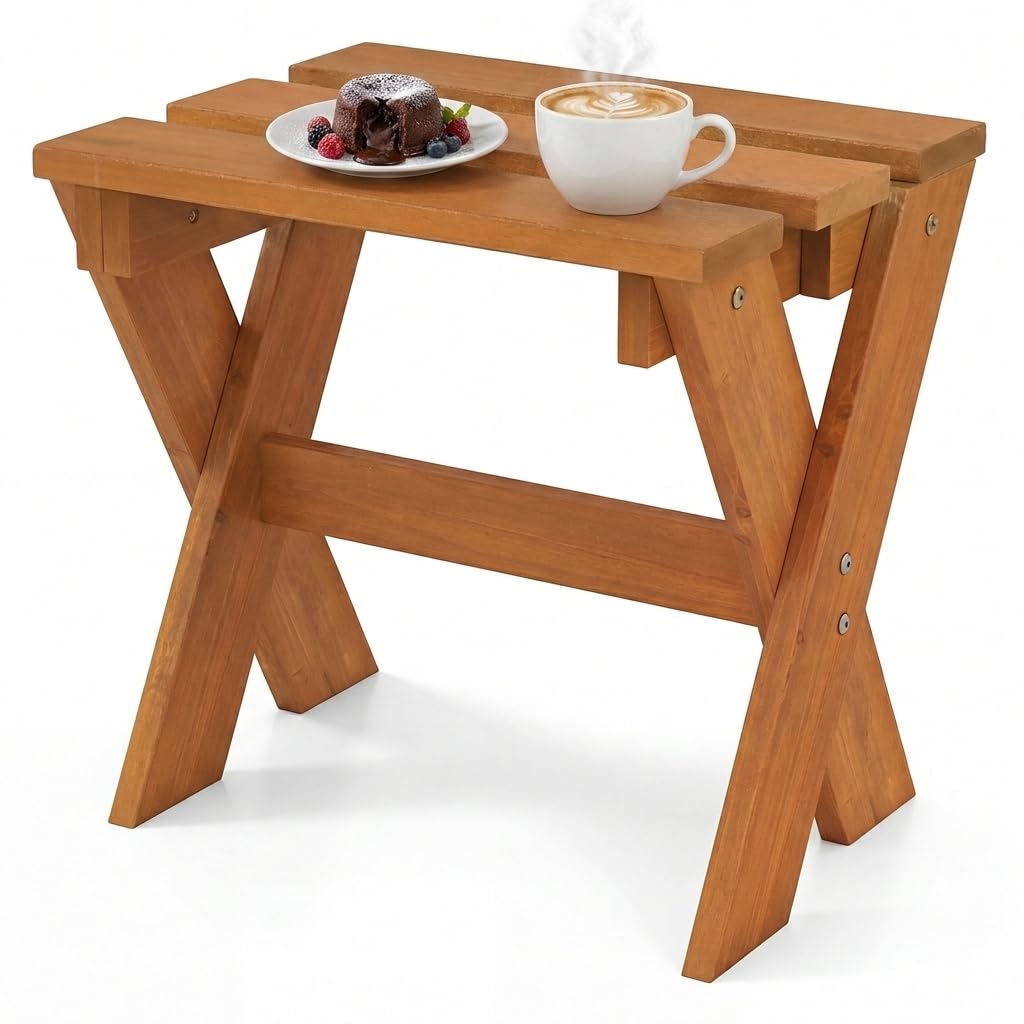 Multigot Garden Side Table, Outdoor Solid Wood Coffee Table Square Plant Stand with Slatted Top, X-Shaped All Weather Patio Small Snack Tables for Poolside Backyard Porch, 45 x 35 x 43cm