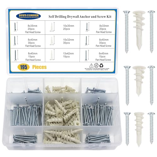 3 Sizes Self Drilling Drywall Anchors, 195PCS Nylon Plastic Wall Anchors and 3 Sizes 2 Types Different Screws, No Pre Drill Hole Preparation Required