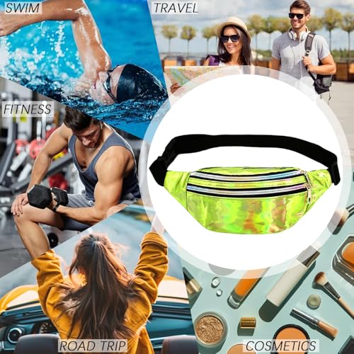 SSKHE Bunte, glänzende Hüfttasche für Party, Karneval, Sport, den täglichen Gebrauch, metallische Bauchtasche mit verstellbarem Riemen, wasserdicht, stilvolle Laser-Gürteltasche, 3 Fächer, grün