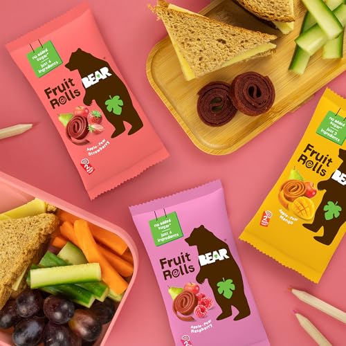 Image of BEAR Real Fruit Snack Rolls - Gluten Free, Vegan, and Non-GMO - Variety Pack (Strawberry, Raspberry, Tropical)) - 48 Rolls, Healthy School and Lunch Snacks for Kids and Adults, 0.7 Ounce (Pack of 24)