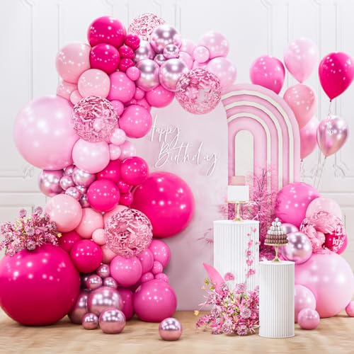 Image of PartyWoo Hot Pink Balloon Arch Kit Garland 142pcs Different Sizes of 18 12 10 5 Inch Magenta Fuchsia Light Baby Pastel Pale Pearl Metallic Pink Balloons for Baby Shower Birthday Party Decorations