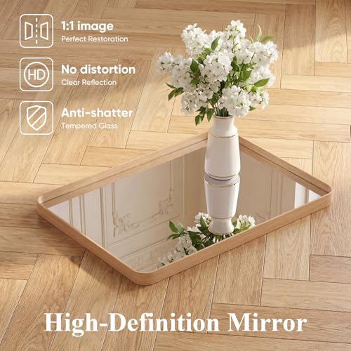 Image of Sweetcrispy Bathroom Mirror 36x24 Inch Metal Framed Rounded Rectangle Vanity Mirror for Wall, Over Sink, Farmhouse, Restroom, Anti-Rust, Modern Decorative, Horizontal or Vertical Hanging, Wood