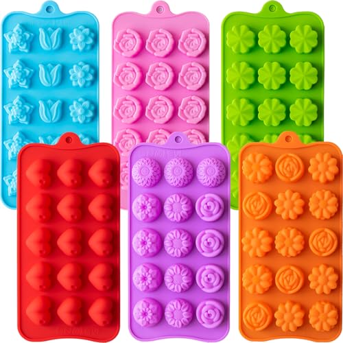 6 Pack Flower Shape Chocolate Candy Molds Silicone Food-Grade Non-Stick Jelly & Baking Molds Crayon Molds BPA-Free Including Heart Rose Tulip Daisy Sunflower and Other Flowers (Multicolor)