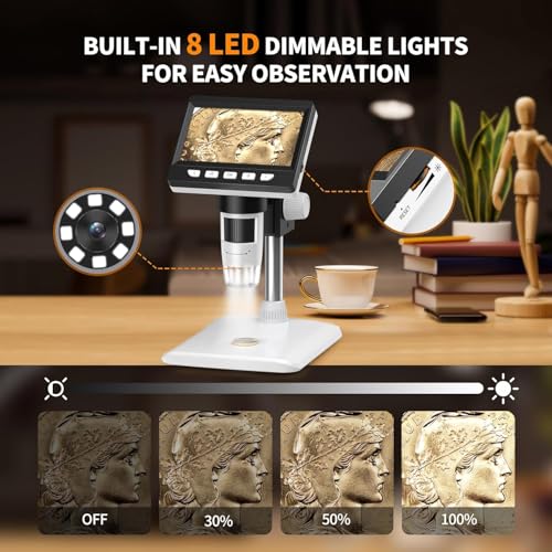 Image of 4.3″ IPS LCD Digital Microscope 1000X 1080P - Coin Microscope Magnifier with 10MP Camera Video Recorder, 8 Adjustable LED Lights, PC View, Portable USB Microscope (32GB Card Included)