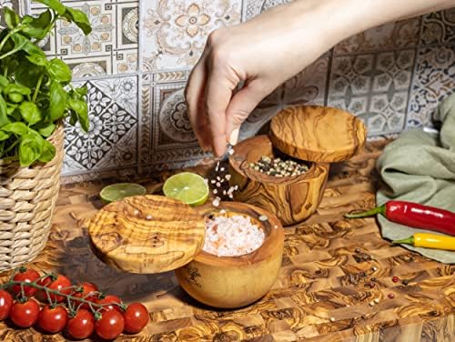 SOLTAKO Olive Wooden Spice Jar with Lids, Tea Coffee Sugar canisters, Set of 2 Spices Jars, Sugar Pot, Kitchen Storage Boxes, Seasoning Pot, Healthy Kitchen Storage Containers Ø 10 cm