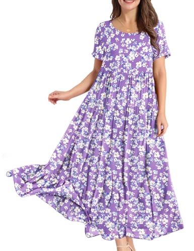 Image of YESNO Women Casual Loose Bohemian Floral Dress with Pockets Short Sleeve Long Maxi Summer Beach Swing Dress EJF