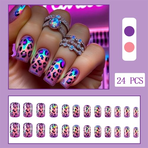 Auroral Press on Nails - Purple Leopard Print Design
