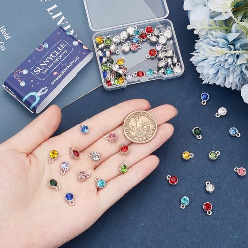 SUNNYCLUE 1 Box 12 Colors 72Pcs Birthstone Charms Bulk Round Crystal Charm Flat Round Glass Charm Alloy Rings Beads Charme for jewellery Making Charme Earrings Bracelets Necklaces DIY Crafting - Image 3