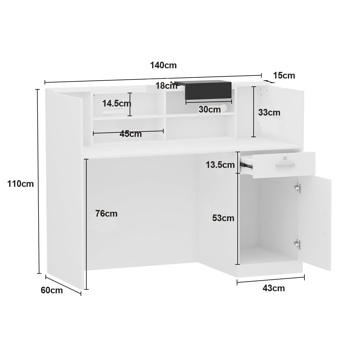 Banco di reception, banchi di reception, banchi di ricevimento, bancone con cassetti e armadi chiudibili, bancone con ripiani aperti regolabili, 140 x 60 x 110 cm, MDF