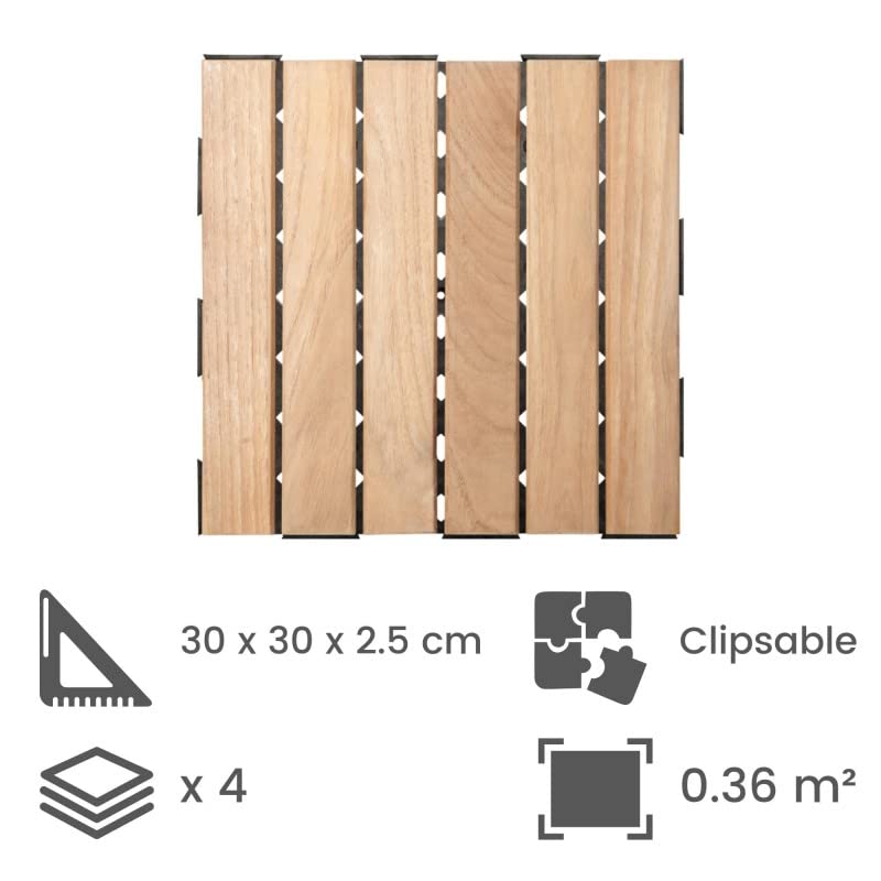 Snap & Go Dalle en Bois Teck Naturel (Lot de 4) - Miel 30 x 30 cm