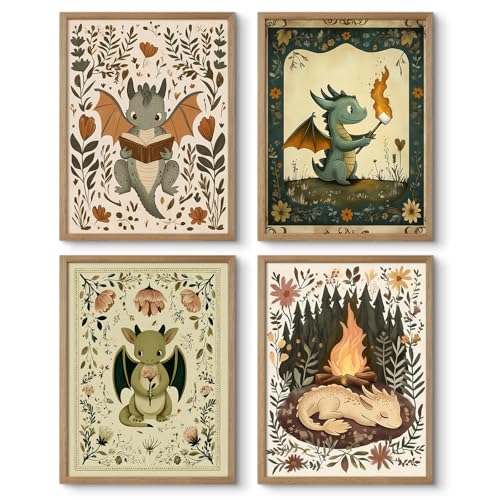 Image of Vintage Nursery Dragon Wall Art Baby Boy Room Canvas Wall Decor Whimsical Dinosaur Flower Poster Nursery Cute Dragon Pictures Fantasy Prints Painting for Girls Bedroom Kids Room 8x10x4 Inch Unframed