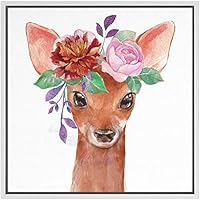 SIGNWIN Framed Canvas Wall Art Nursery Baby Deer Fawn with Pink, Purple, Red Flowers Animals Wildlife Watercolor Impressionism Modern Portrait Fun for Living Room, Bedroom, Office - 16