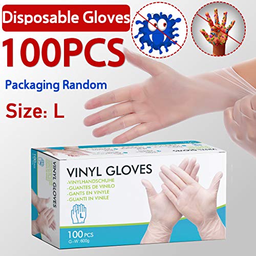 EIVOTOR 100 Pezzi Guanti Usa e Getta L Guanti Monouso in PVC Guanti Sterili Trasparenti Guanti Protettivi Impermeabile per Ristorante Acconciatura Di Bellezza Cucinando Cucina BBQ