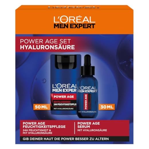 L'Oréal Men Expert Augencreme gegen Falten für Männer, Anti-Aging Augenpflege für matte Haut gegen Augenringe und Tränensäcke, Herren Feuchtigkeitspflege mit Hyaluronsäure, Power Age, 1 x 15 ml 3 L'Oréal Men Expert Pflegeset gegen Falten für Männer, Geschenkset mit Anti-Aging Gesichtscreme und Serum für müde und matte Haut, Geschenk für Herren mit Hyaluronsäure, Power Age, 1 x 50 ml, 1 x 30 ml