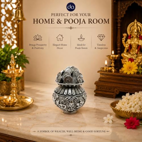 Image of Silver Plated Kuber Kalash Idol 2.5 Inch | Kubera Coin Kalasam for Pooja Room, Home Decor & Spiritual Decoration | Laxmi Kalash Festive Gift Showpiece