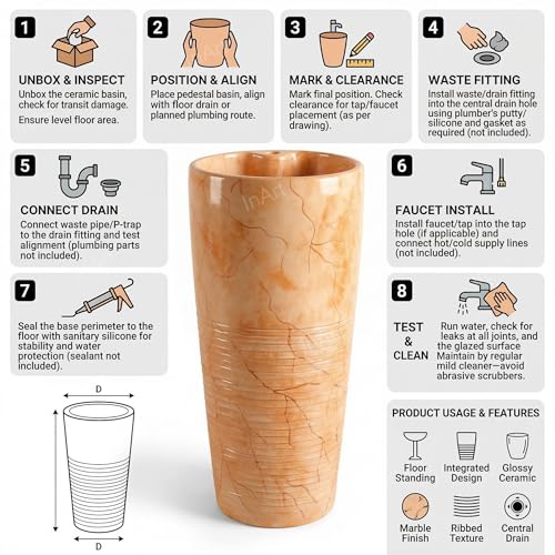 Image of InArt One Piece Ceramic Pedestal Free Standing Round Wash Basin for Living Room and Bathroom (15 x 15 x 33 Inch) (Orange Marble)