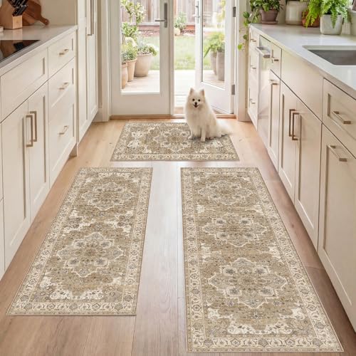 3 Piece Kitchen Rugs Set Beige Cream